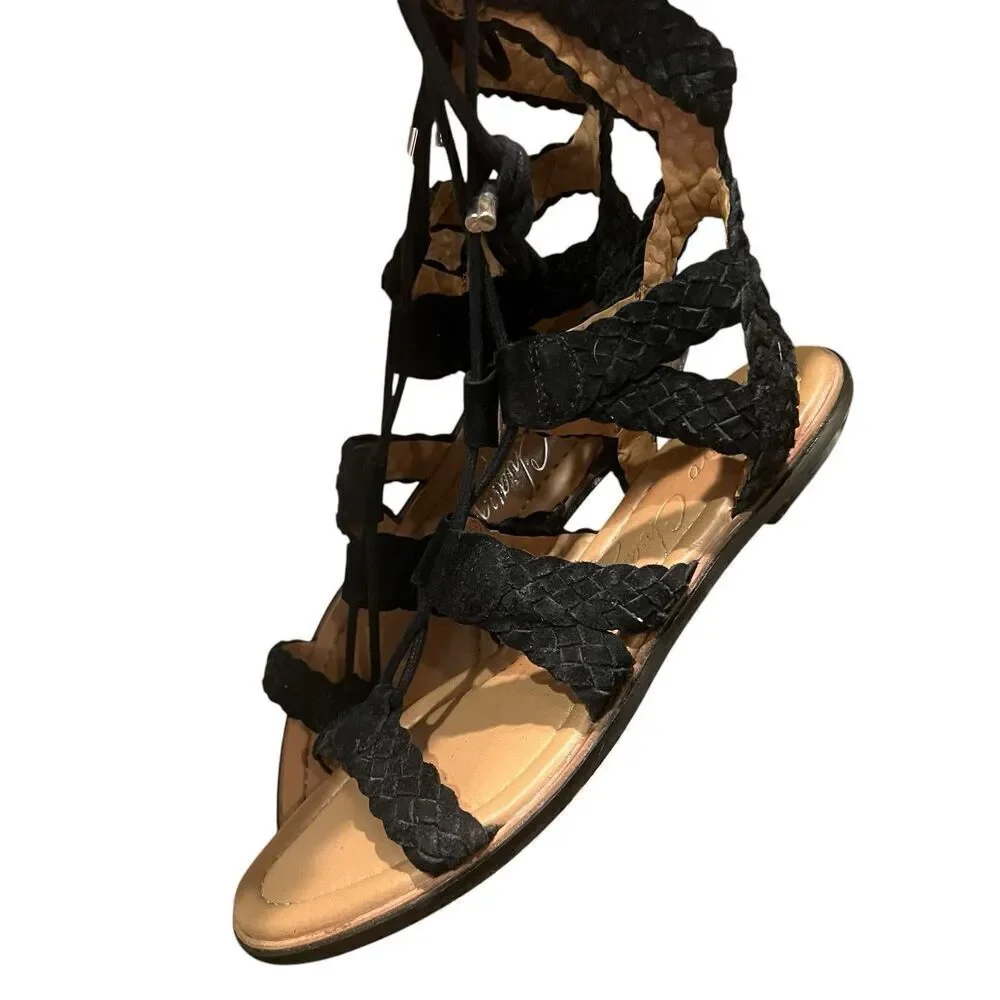 Arturo Chiang black braided suede gladiator Cassie Lace-Up Sandals Size 8.5